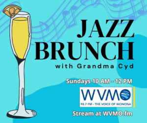 Illustrated mimosa against a blue background with "Jazz Brunch with Grandma Cyd" promotional language